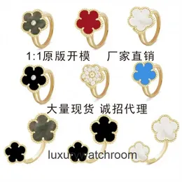 High End designer rings for vancleff 18K Champagne Gold CNC Thick Gold Steel Print Clover Ring Red Agate White Fritillaria Straight Hair Original 1:1 With Real Logo