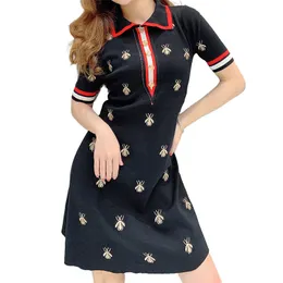 New women turn down collar knitted short sleeve color block embroidery a-line summer desinger dress plus size SMLXLXXL