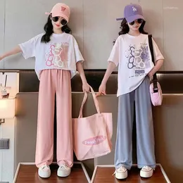 مجموعات الملابس 2024 Summer Spring Teenager Clothes الأطفال مجموعة فضفاضة الدب القصيرة أبيض قصير بدلة بانت مستقيمة