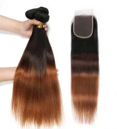 1B430 Medium Auburn Ombre Straight Human Hair Weaves With Stängning 3tone Ombre PeruVian Virgin Hair Bunds With 4x4 Front Lace 3895404