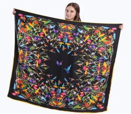 New Swill Silk Silk Foman Birds Printing Square Scarves Wrap Wrap Fan Full Larard Hijab Shawl Neckerchief 130130CM9184436