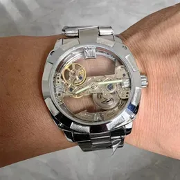 ساعة معصم هيكل عظمي شفاف الشفافة أوتوماتيكي ساعة لرجال مؤشرات مضيئة حزام الفولاذ المقاوم للصدأ الساعات الميكانيكية