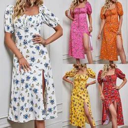 Vestidos casuais de verão feminino boho vestido floral estampa quadrada pescoço shirred maxi praia sol manga curta 50s retro traslado split