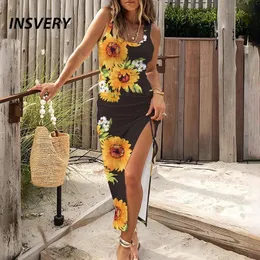 Sexy Long Dress Women Summer O Neck Slip Up Party Abiti per Flower Stampa senza maniche per feste in spiaggia 240412