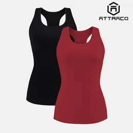 여성용 탱크 Attraco Camisole 2pcs Cotton Solid with Build-In 선반 브라 탱크 탑 U-Neck 부드러운 통기성 기본 잉글웨어