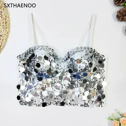 Kadın Tankları Sxthaenoo 2024 Kadın Moda Seksi Gümüş Sequins Budier Arka Toka Crops Cami Top Karnaval Parti Kulübü Kıyafet Mujer