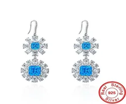 Charm Flower Aquamarine Elmas Küpeler 100 Gerçek 925 STERLING Gümüş Partisi Düğün Damla Dungle Küpeler Kadın Mücevher Hediye 3570541