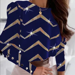 Kvinnors blusar Fashion Gold Stripe Printing Shirt för O-Neck Långärmning Back Single Breasted Tops Elegant Office Ladies Clothes