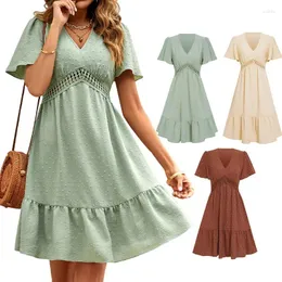 Casual Dresses Women Boho A-Lined Mini Summer Clothes Short Sleeve V Neck Cutout High Waist Dress Sexy Streetwear Daily Wear