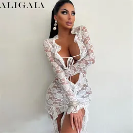 Casual Dresses Woman Sexy V-neck Bandage Ruffles Mini Lace Dress 2024 Spring Long Sleeve Lace-up Hollow Out See Through White Night Club