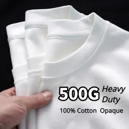 Siyah Beyaz GSM 300/500g ağır hizmet tipi pamuklu t-shirt kalınlaşmış dişli yuvarlak boyunlu kısa kollu üç iğne yarım kol tees 240412