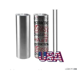 Tumblers Local Warehouse 20oz Sliver Straight Tumbler Skinny 진공 차산 컵 스테인레스 스틸 워터 병 뚜껑 플라스틱 STS DR OTA60