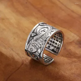 Cluster Ringe Buddhaston Silber Farbe Xiangyun Karpfen Herz Sutra Offener Ring Vintage ethnischer Stil Männer- und Frauen breites personalisiertes Essen