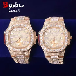 Wristwatches Bubble Letter Men Watch Ice Quartz Clock Luxury Baguette Rhinestone Business Waterproof Relogio Masculio 2021 Trend d240417