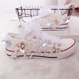 Casual Shoes Diy Floral Flat Autumn Hand Sydd Rhinestone Pearls Spets Low-Top Canvas för kvinnor handgjorda designer