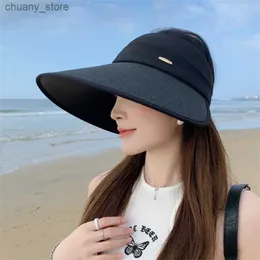 Visir Straw Woven Sun Hat For Women Summer Black Lime UV-SOURBE Large Brim Face-Slenderizing Hollow-Top Sun-Proof New Style Y240417