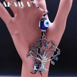 Klasyna Smycze Moda ING drzewo Blue Crystal Key Turkish Evil Blue Eye Tassel Blak Brelok Amulet Biżuter Prezent LLAVEROS KXH787S01 Y240417