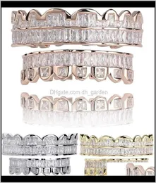 Grillz Body Drop Delivery 2021 Baguette Set Teeth Grillz 상단 하단 로즈 골드 세이어 컬러 그릴 치과 용 힙합 패션 Rappe6060499