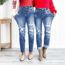 Jeans feminino Casual Hip Hop Street Straight Rise Roll Up Hole Ripped Vintage Wash Lápis Sorto para Mulheres 2024