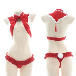 Kadın Mayo Anime Cosplay Seksi Kırmızı Noel Baba Kostüm Noel İç çamaşırı Sevimli Bikini Bowknot fırfırlı yular boyun sütyen kuyruk