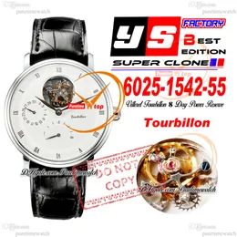 Villeret Real Tourbillon Hand Winding Mens Watch YSF V3 Power Reserve 기계식 6025-3642-55B 강철 케이스 화이트 로마 다이얼 검은 가죽 슈퍼 에디션 Perime