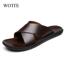 Wotte Fashion Summer Men Shoes Vintage Italian Flats Casual Nonslip Beach Sandals Leather Flip Flop Slippers Flat 240417