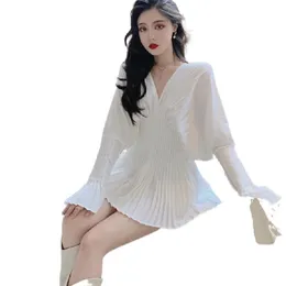 New women v-neck pleated flare long sleeve slim waist white color medium long blouse shirt tops