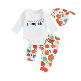 Kleidungsstücke Pudcoco Baby Boys Hosen Set Langarm Crew Neckbuchstaben Druck Strampler mit Kürbis -Jogginghosen und Hut Halloween -Kleidung