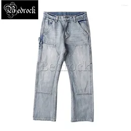 Herr jeans mbbcar män 14oz selvedge denim tvättade flares b01 dubbel knä carpender bootcut byxor lösa klockbotten byxor