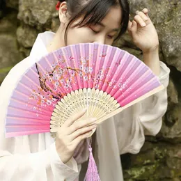 Figurine decorative Meetsake Folding Fan per l'anno in stile cinese Mano di bambù con imitazione Silk Floral Stampa Donne