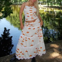 スカートレディースファッションサマーインス金魚パターンプリントスカートセットテンポメート女性カジュアルハイウエスト2ピース衣装