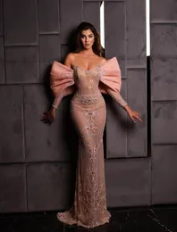 Shiny Sequins Beads Prom Dresses Elegant Pink Mermaid Evening Dress Custom Made Long Sleeves Glitter Women Celebrity Party Gown5983727