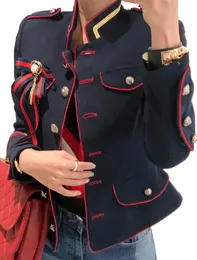 Nuove donne primaverili Fashion Long Stand Collar Single Sfritto Blocco in stile Navy Slim Waist Giacca Desinger Coat Smlxl