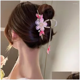 ヘアクリップbarrettes ajojewel beautifacrylic flower claw古代中国の宝石長いタッセル大きなヘアリップ透明アクセサリーdro otu3p