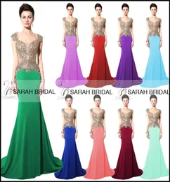 Sexy Mermaid Prom Party Abite perle Sheer Neck Scoop Gold ricamo oro Royal Blue Red Occasionali abiti da sera 2019 RE9062297