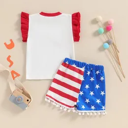 Kläduppsättningar Småbarn Baby Girl 4: e juli kläder Ruffle America Sweetheart T-shirt Star Stripe Tassel Shorts Set