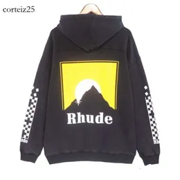 디자이너 Rhude Hoodie Mens Hoodie Rhudes Hood Hooded Sweatshirt Felpa Uomo 틈새 패션 브랜드 Sudadera Rhude Long Sleeve Round Neck PU 8400