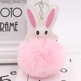 Plush Keychains Hot Sale Pink Cute Rabbit Ear Fur Ball Key Chain Pu Leather Metal Golden Keychain Bag Accessories Gift for Girls Y240416