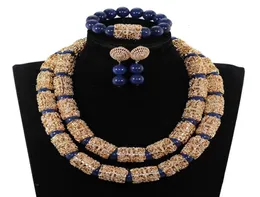 Splendid Navy Blue Nigerian Beaded Women Costume Jewelry Sets Dubai Gold Chunky Statement Necklace Set 2019 WE240 CJ1911287957237