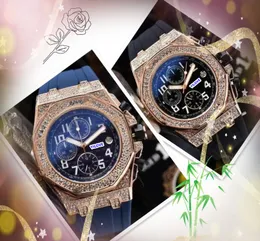 Relogio Masculino Märke Mens Quartz Watches Stopwatch Black Green Rubber Strap Diamonds Ring Japan Quartz Movement Set Auger Racing Timing Wristwatch Presents