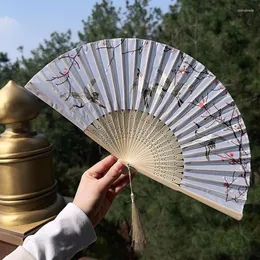 Decorative Figurines Vintage Chinese Style Folding Fan Floral Printing Bamboo Cloth With Tassel Classical Dance Hand Home Decoration Crafts