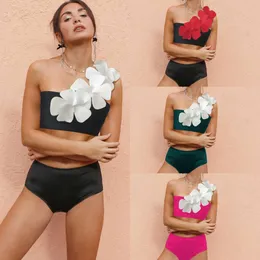 Flower axel enkel axel hög midja bikini baddräkt delad fast färg bh bikini 2024 ny