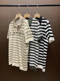 Men's Polos Spring And Summer Knitted Striped Embroidery Letters Casual Lapel Short Sleeve Polo Shirt B / C