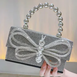 Kvällspåse Metal Shiny Fairy Diamond Handväska för bankett Bow Knot Water Liten Square Bag Crossbody Girl