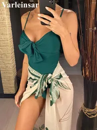 Женские купальные костюмы S - XL 5 Цветов с печатными женщинами Sarong One Piece Swimsuit Женский вариант с высокой ногой завязанный купальный костюм Swim v5181