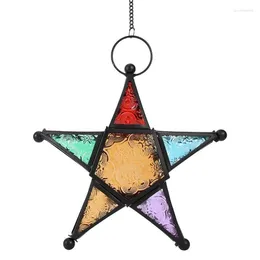 Candle Holders Metal Star Colored Pressed Glass Candlestick Lantern Hanging Ornament For Windowsill Halloween Decoration