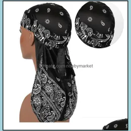 Bandanas Premium Men Silk Durag Paisley Design Printing Silky Durags Long Straps Headwear Head Scarf Wave Cap Headwrap Satin Drop Deli Otvei