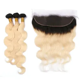 Wets Wefts Wholesale 1B/613 Cabelo de dois tons ombre virgem com fechamento frontal 4pcs lote onda corporal ombre 13x4 Frontal de renda completa com bundl