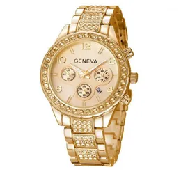 Bling Crystal Women смотрит, как Gold Fashion Женевская женская кварцевая часы из нержавеющей стали.