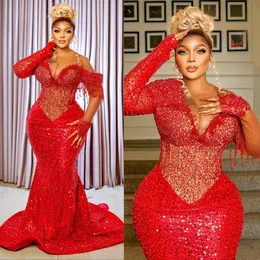 2024 Plus Size Red Prom Dresses for Black Women Evening Formal Gowns Sheer Neck Long Sleeves Evening Dresses Elegant Beaded Sequined Lace Birthday Dress Gowns AM730